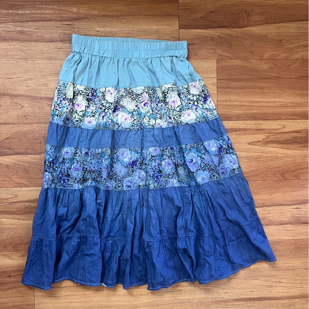 Unique Floral Soft Denim Tiered Midi Skirt